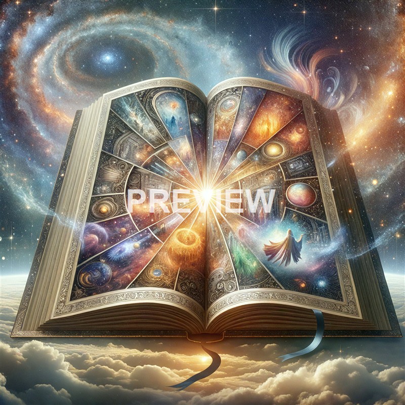 An open book with intricate illustrations and glowing light emanating from its center, floating above clouds with a cosmic background of galaxies and stars.